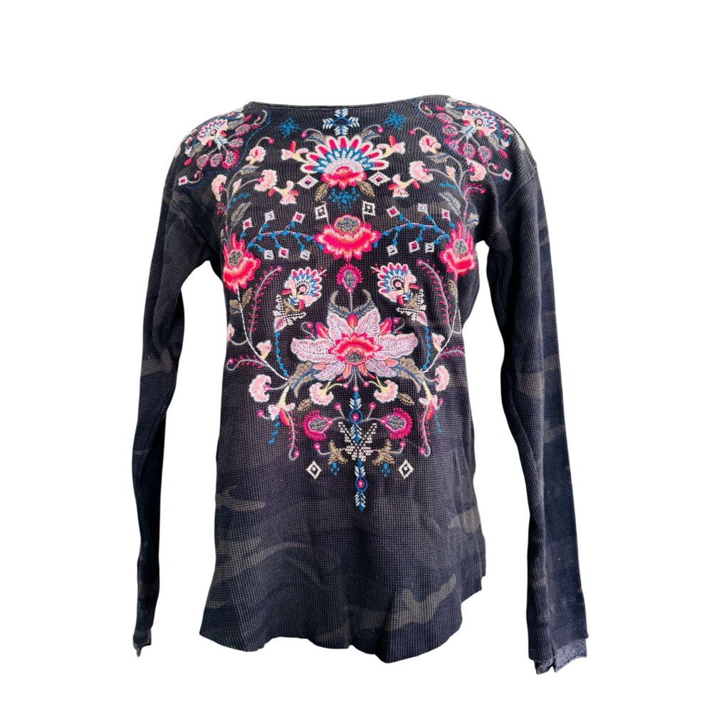 JOHNNY WAS WM S BLACK THERMAL LONG SLEEVE PULLOVER FLORAL EMBROIDERY TOP NEW TAG